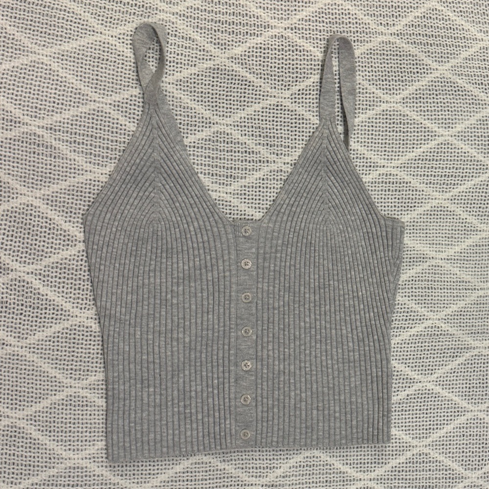 NWT | Aerie Ribbed Button-Front V-Neck Crop Tank - Gray | sz Large
